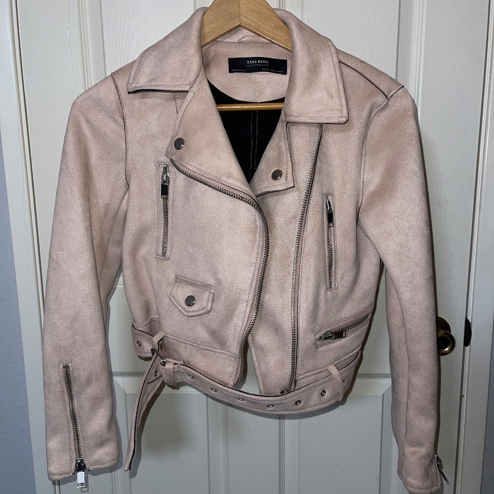 Zara Moto Jacket Faux Suede Light Pink Women Size XS